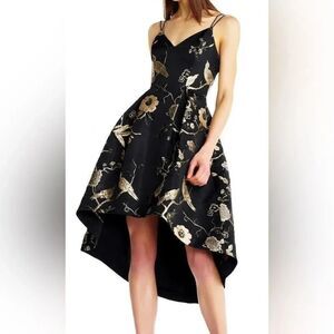 Women’s AIDAN MATTOX black & gold Jacquard Fit-&-Flare High-Low Dress sz 0